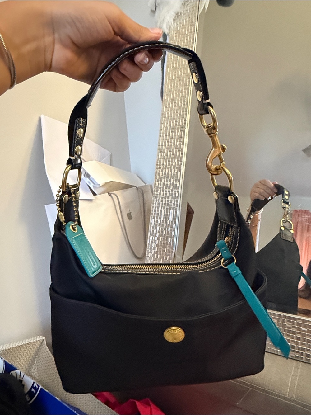 Coach Black Nylon Hobo Bag with Teal Accents